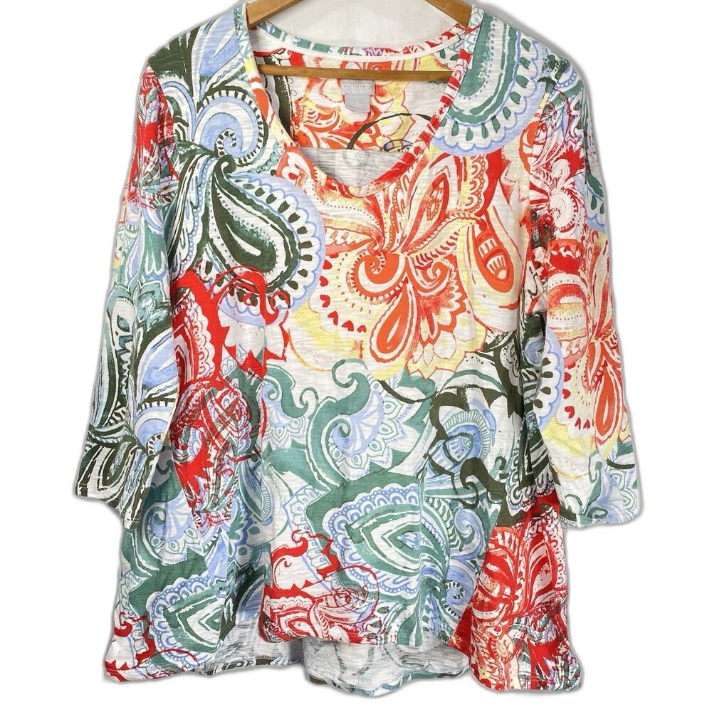 Chicos Knit Blouse Womens 2 L Paisley V-Neck 3/4 Sleeve Lightweight Cotton